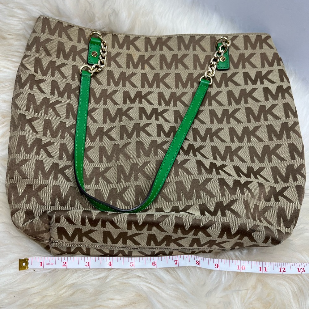 Michael Michael Kors Monogram Canvas Tote Emerald Green Chain and Leather Straps - Picture 11 of 13